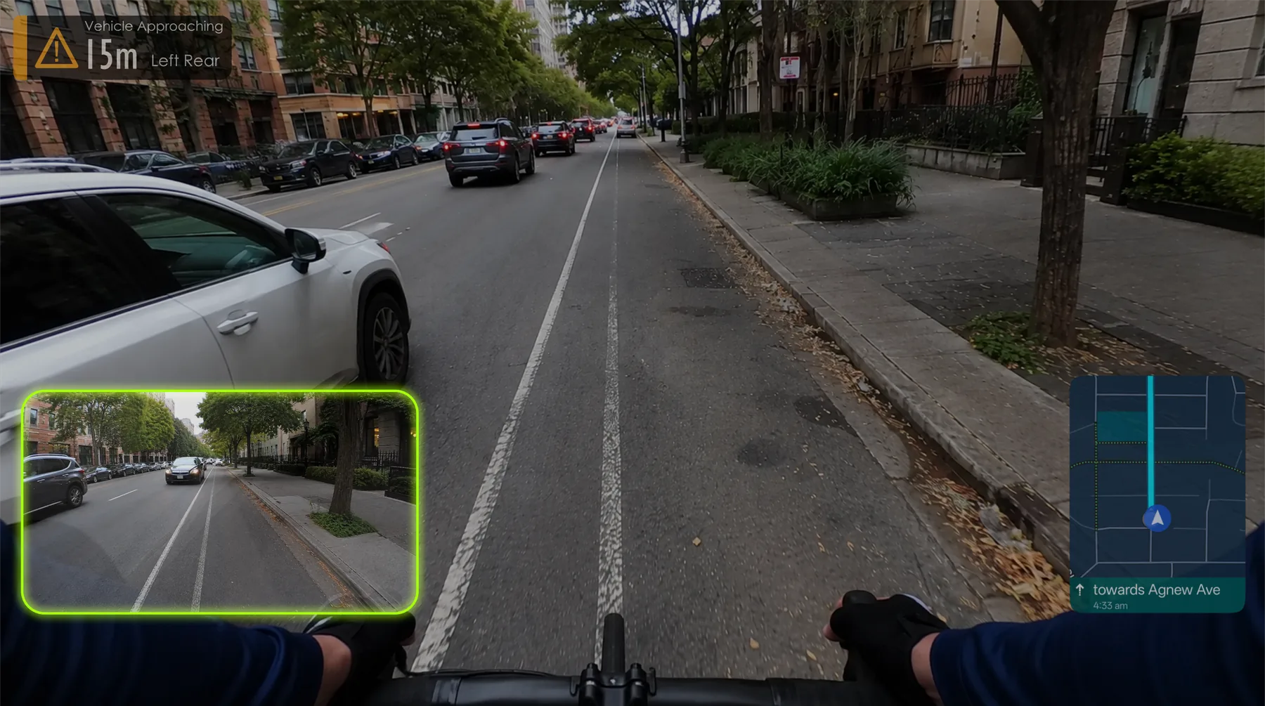 Vyzor live rear-view feed highlighted in the heads-up display